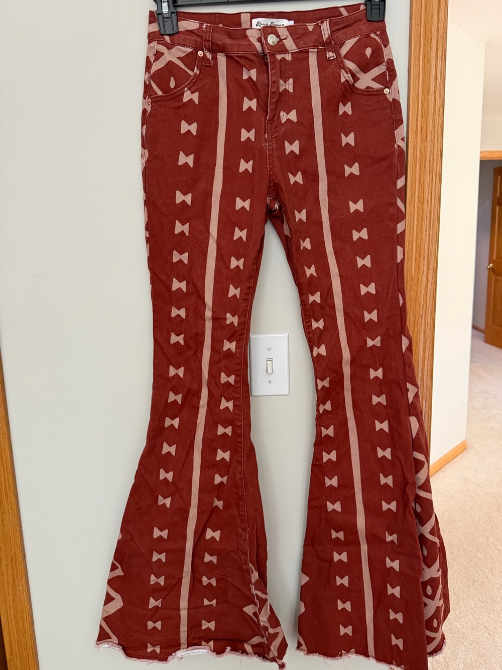 Patterned Rust Red Flared Jeans